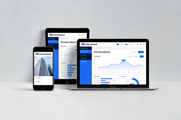 Multi-device platform demonstration showing PG International on phone, tablet, and laptop screens